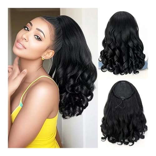 Gesundheit Schwarze Pferdeschwanzverlängerung, synthetischer, flauschiger Pferdeschwanz mit Kordelzug for Frauen, 16 Zoll, lockig, gewellt, Pferdeschwanz-Haarteil for den täglichen Gebrauch Körperpfle von lskdnrufh