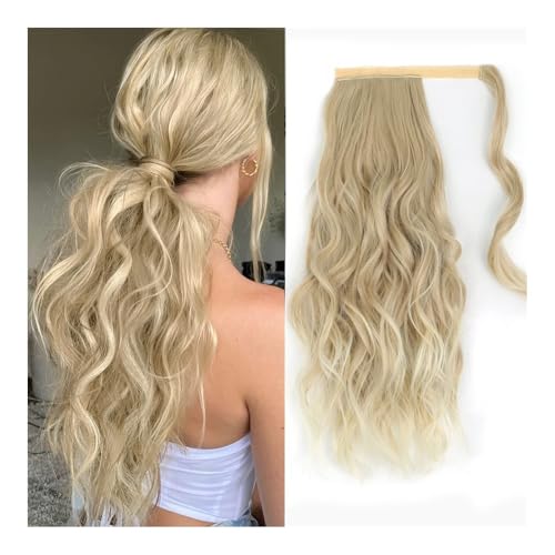 Gesundheit Synthetisches, langes, gewelltes Pferdeschwanz-Haarteil for Umwickeln mit Clip-In-Haarverlängerungen mit Pony-Clips vorne und zwei seitlichen Ponyfransen for Frauen Körperpflege(Ombre Blond von lskdnrufh