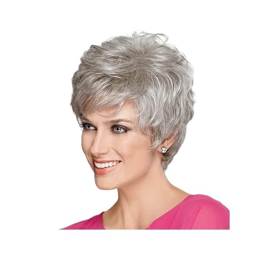 Graue kurze lockige Perücken 12 Zoll, geschichtete synthetische Perücken mit natürlichen Locken, Perücke für Halloween-Kostüm für Frauen Haarschmuck für Damen (Silvery) von lskdnrufh