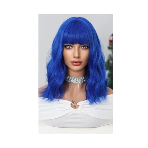 Haarteil Frauen 10 Zoll Bob Perücke Mit Pony Kurze Perücken Frauen Lockeres Gewelltes Kunsthaar For Mädchen Cosplay Haar Extensions(Blue) von lskdnrufh