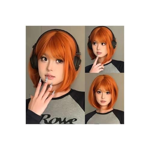 Haarteil Frauen 12 Zoll kurze gerade synthetische Perücke mit natürlichem Pony, Bob, Haar for Damen, Halloween, Cosplay, volle Kopfbedeckung Haar Extensions(Orange) von lskdnrufh