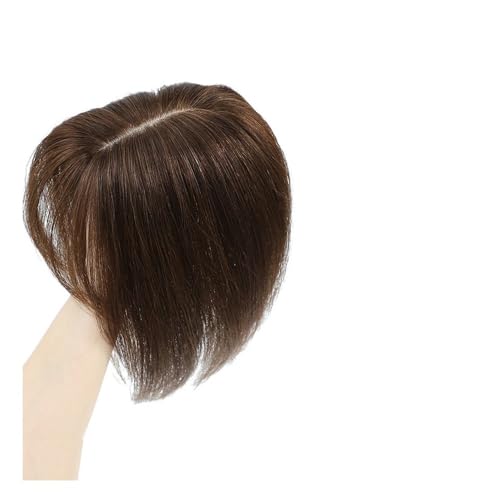 Haarteil Frauen 12x13cm Echthaar Topper for Frauen Gerade Menschliches Haar Clips auf Perücken Mit Pony Spitze Topper haarteil Dichte 150% Haar Extensions(10inch,Brown With Bangs) von lskdnrufh