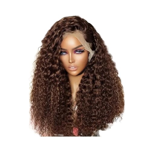 Haarteil Frauen 13x4 HD Spitze Frontal Schokolade Braun Lockige Perücke Gluleless Menschliches Haar Perücken Haar Extensions(20inch) von lskdnrufh