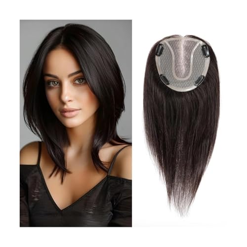 Haarteil Frauen 14-Zoll-Haarteile aus Echthaar mit Spitzenbasis for Frauen, 4 Clips, Stücke mit dünner werdendem Haar, natürliche Haarteile aus echtem Menschenhaar Haar Extensions(Natural Black) von lskdnrufh