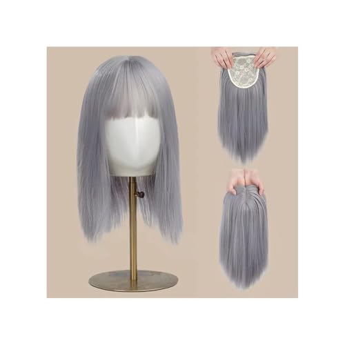 Haarteil Frauen 16-Zoll-Kunsthaar-Topper for Frauen, natürlich aussehende Clip-in-Haarteile mit Pony Haar Extensions(Sliver gray) von lskdnrufh