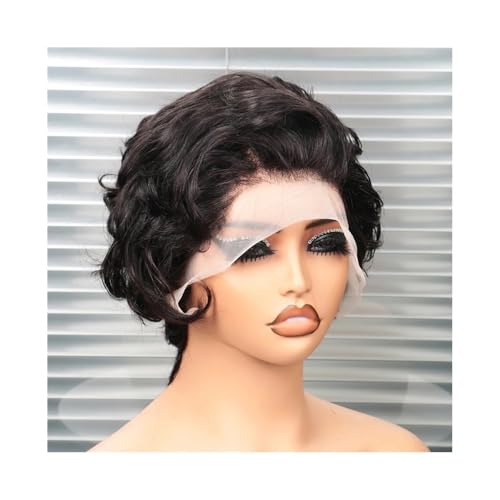 Haarteil Frauen 20,3 cm lange Echthaar-Perücke, kurz, 33 x 10 cm, Spitzenbasis, vordere Perücke for Frauen, schwarze transparente Frontal-Perücke, natürliche Wellen-Perücke Haar Extensions von lskdnrufh