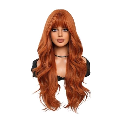 Haarteil Frauen 28 Zoll lange, gewellte, orangefarbene Perücke, hitzebeständige Kunstfaser-Lockenperücke mit Pony for Frauen und Mädchen, for den täglichen Gebrauch auf Partys Haar Extensions von lskdnrufh
