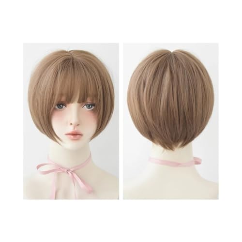 Haarteil Frauen 32 cm Perücke for Damen, kurzes Bob-Haar, Air Bangs, braun, volle Kopfbedeckung, kurzes gebrochenes Haar Haar Extensions(Honey Tea Linen) von lskdnrufh