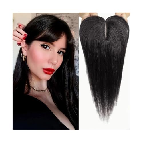 Haarteil Frauen 4"x5,5" Remy-Echthaar-Topper-Perücken mit Pony, Seidenbasis, Clip-Stücke in der Haarverlängerung, Topper-Haar for Frauen Haar Extensions(Natural Black) von lskdnrufh