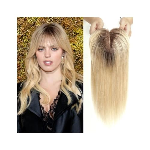 Haarteil Frauen 4"x5,5" Remy-Echthaar-Topper-Perücken mit Pony, Seidenbasis, Clip-Stücke in der Haarverlängerung, Topper-Haar for Frauen Haar Extensions(Ombre Brown Blonde) von lskdnrufh