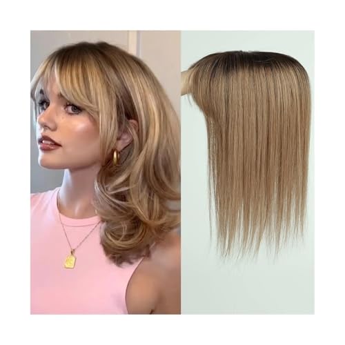 Haarteil Frauen 4"x5,5" Remy-Echthaar-Topper-Perücken mit Pony, Seidenbasis, Clip-Stücke in der Haarverlängerung, Topper-Haar for Frauen Haar Extensions(Ombre Light Brown) von lskdnrufh