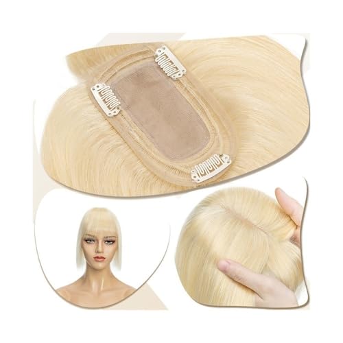 Haarteil Frauen 7 x 12,5 cm Seidenbasis-Clip-in-Haarverlängerung, Haaraufsätze for Frauen 6"-18" echtes Echthaar mit Pony, 150% dichtes Haar, glatte Haarteile Haar Extensions(Bleach Blonde,18 inch) von lskdnrufh