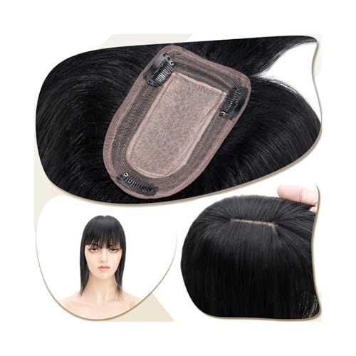 Haarteil Frauen 7 x 12,5 cm Seidenbasis-Clip-in-Haarverlängerung, Haaraufsätze for Frauen 6"-18" echtes Echthaar mit Pony, 150% dichtes Haar, glatte Haarteile Haar Extensions(Jet Black,16 inch) von lskdnrufh