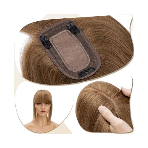 Haarteil Frauen 7 x 12,5 cm Seidenbasis-Clip-in-Haarverlängerung, Haaraufsätze for Frauen 6"-18" echtes Echthaar mit Pony, 150% dichtes Haar, glatte Haarteile Haar Extensions(Light Brown,12 inch) von lskdnrufh