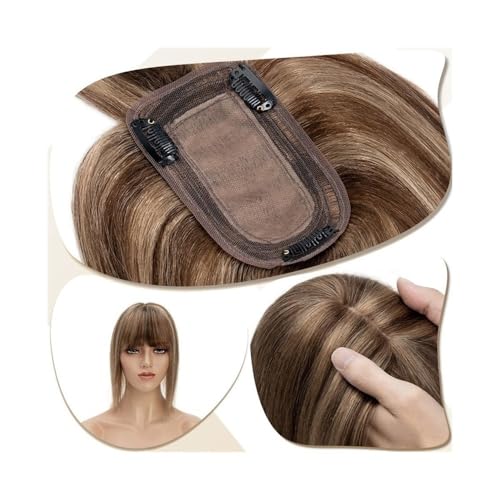Haarteil Frauen 7 x 12,5 cm Seidenbasis-Clip-in-Haarverlängerung, Haaraufsätze for Frauen 6"-18" echtes Echthaar mit Pony, 150% dichtes Haar, glatte Haarteile Haar Extensions(Medium Brown+Dark Blonde von lskdnrufh
