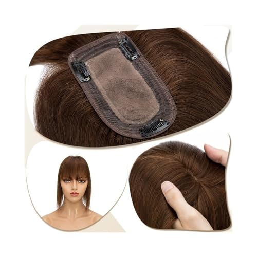 Haarteil Frauen 7 x 12,5 cm Seidenbasis-Clip-in-Haarverlängerung, Haaraufsätze for Frauen 6"-18" echtes Echthaar mit Pony, 150% dichtes Haar, glatte Haarteile Haar Extensions(Medium Brown,6 inch) von lskdnrufh
