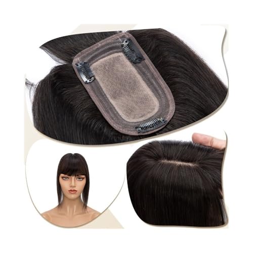Haarteil Frauen 7 x 12,5 cm Seidenbasis-Clip-in-Haarverlängerung, Haaraufsätze for Frauen 6"-18" echtes Echthaar mit Pony, 150% dichtes Haar, glatte Haarteile Haar Extensions(Natural Black,18 inch) von lskdnrufh
