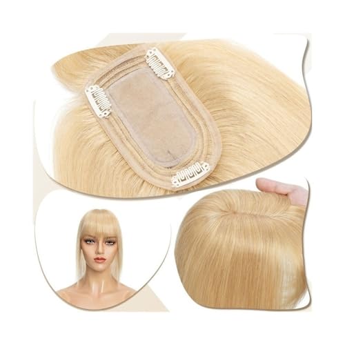 Haarteil Frauen 7 x 12,5 cm Seidenbasis-Clip-in-Haarverlängerung, Haaraufsätze for Frauen 6"-18" echtes Echthaar mit Pony, 150 % dichtes Haar, glatte Haarteile Haar Extensions(Natural Blonde,16 inch) von lskdnrufh