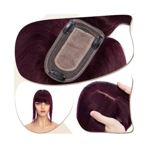 Haarteil Frauen 7 x 12,5 cm Seidenbasis-Clip-in-Haarverlängerung, Haaraufsätze for Frauen 6"-18" echtes Echthaar mit Pony, 150% dichtes Haar, glatte Haarteile Haar Extensions(Wine Red,6 inch) von lskdnrufh
