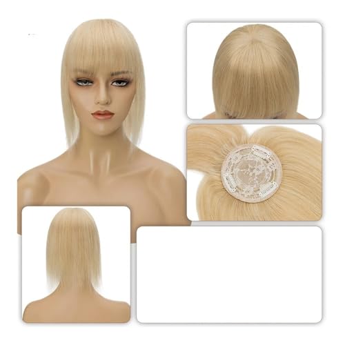 Haarteil Frauen 8,5x8,5 cm Haarteile Echthaar for Frauen Monoperücken Haarspange mit Pony Glattes Haarteil Unsichtbare Clip-In-Haarverlängerungen Haar Extensions(10 Inches,Natural Blonde) von lskdnrufh