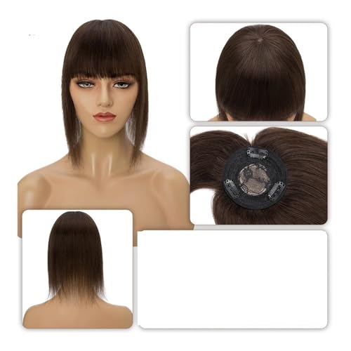 Haarteil Frauen 8,5x8,5 cm Haarteile Echthaar for Frauen Monoperücken Haarspange mit Pony Glattes Haarteil Unsichtbare Clip-In-Haarverlängerungen Haar Extensions(12 inches,Brown) von lskdnrufh
