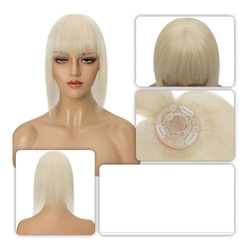 Haarteil Frauen 8,5x8,5 cm Haarteile Echthaar for Frauen Monoperücken Haarspange mit Pony Glattes Haarteil Unsichtbare Clip-In-Haarverlängerungen Haar Extensions(14 inches,Platinum Blonde) von lskdnrufh