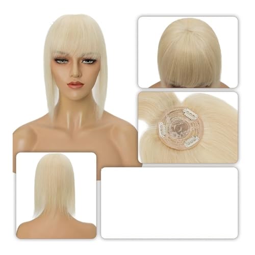 Haarteil Frauen 8,5x8,5 cm Haarteile Echthaar for Frauen Monoperücken Haarspange mit Pony Glattes Haarteil Unsichtbare Clip-In-Haarverlängerungen Haar Extensions(16 inches,Blonde) von lskdnrufh