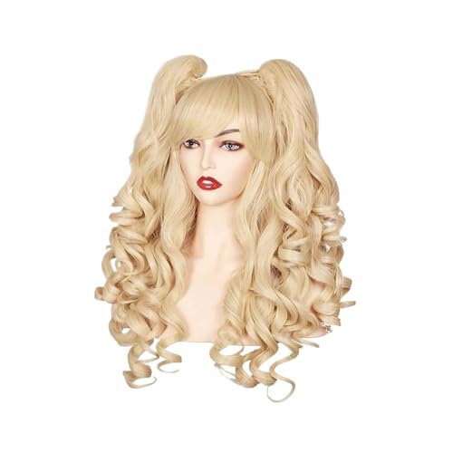 Haarteil Frauen Damen Kunsthaar 24 Zoll lange lockige Cosplay-Perücke Halloween-Perücken for Partys mit 2 Pferdeschwänzen Haar Extensions(Blonde) von lskdnrufh