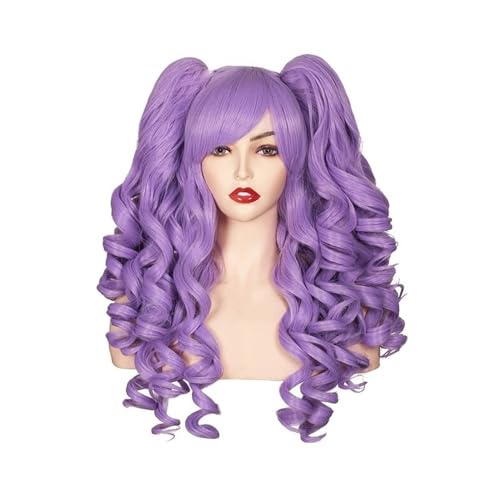 Haarteil Frauen Damen Kunsthaar 24 Zoll lange lockige Cosplay-Perücke Halloween-Perücken for Partys mit 2 Pferdeschwänzen Haar Extensions(Light purple) von lskdnrufh
