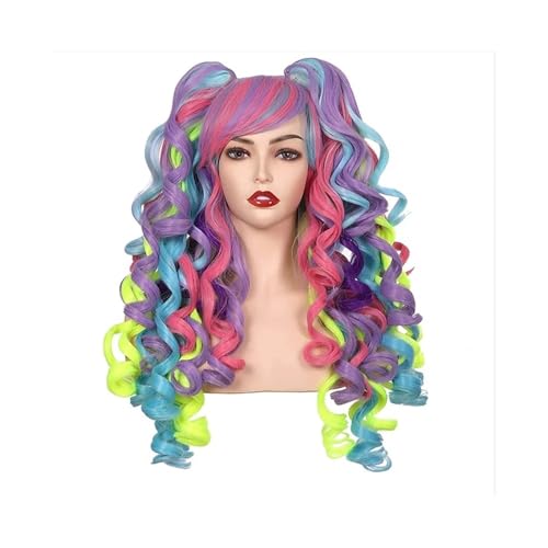 Haarteil Frauen Damen Kunsthaar 24 Zoll lange lockige Cosplay-Perücke Halloween-Perücken for Partys mit 2 Pferdeschwänzen Haar Extensions(Polychrome) von lskdnrufh