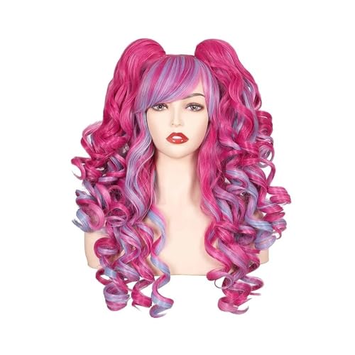 Haarteil Frauen Damen Kunsthaar 24 Zoll lange lockige Cosplay-Perücke Halloween-Perücken for Partys mit 2 Pferdeschwänzen Haar Extensions(Red) von lskdnrufh