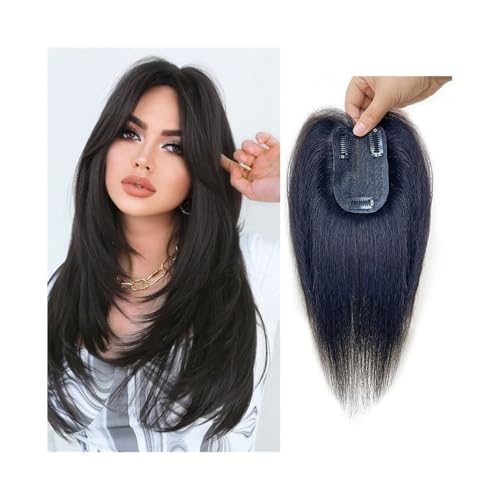Haarteil Frauen Echthaar-Topper for Frauen mit dünner werdendem Haar, 7 x 10 cm, unsichtbare Haut, Seidenbasis-Haar-Topper mit Pony, 10 Zoll glattes Remy-Haarteil mit 3 Clips Haar Extensions(Black) von lskdnrufh