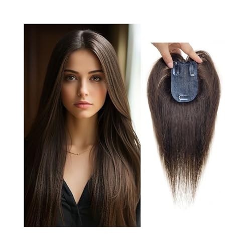 Haarteil Frauen Echthaar-Topper for Frauen mit dünner werdendem Haar, 7 x 10 cm, unsichtbare Haut, Seidenbasis-Haar-Topper mit Pony, 10 Zoll glattes Remy-Haarteil mit 3 Clips Haar Extensions(Dark brow von lskdnrufh