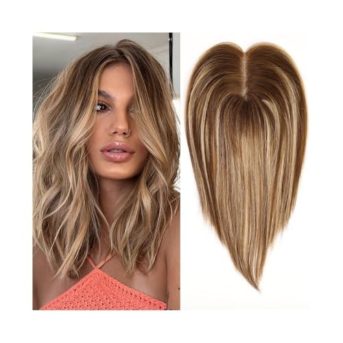Haarteil Frauen Haaraufsätze for Frauen, glatt, echtes Echthaar, 25,4 cm, Ombré-Braun, gemischtes Blond mit dunklem Ansatz, 9 x 10 cm, Haaraufsatz mit Spitzenbasis und 3 Clips Haar Extensions von lskdnrufh