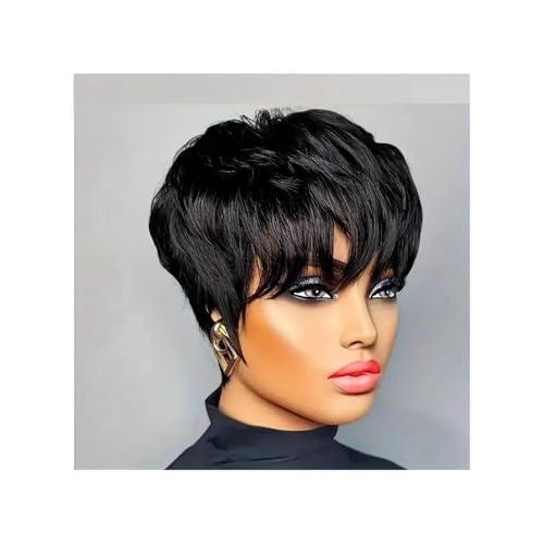 Haarteil Frauen Perücken for Frauen, Echthaar, kurze Bob-Perücke mit Pony, geschichtete Pixie-Schnitt-Perücke, brasilianisches Echthaar Haar Extensions von lskdnrufh