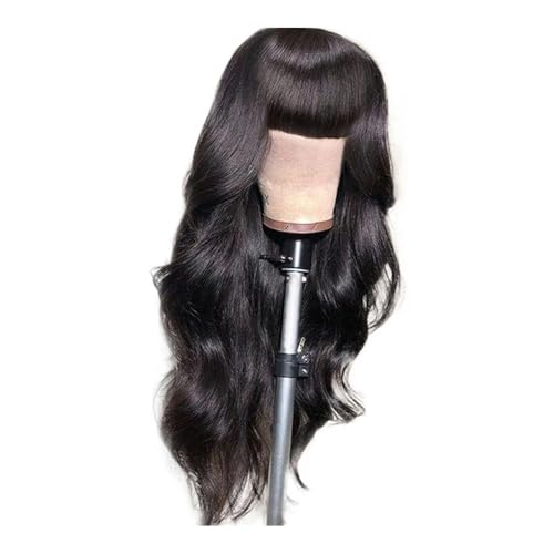 Körperwellenperücken mit Pony, klebefreie maschinell hergestellte Echthaarperücke for Frauen, natürliches Schwarz, 180 Dichte Haar Extensions(28inch) von lskdnrufh