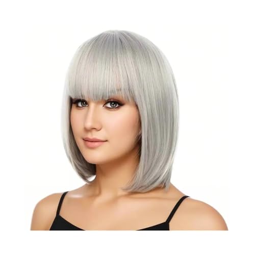 Kurze Bob-Perücke mit Pony, 12 Zoll graue glatte Kunsthaarperücken for Frauen Haar Extensions von lskdnrufh
