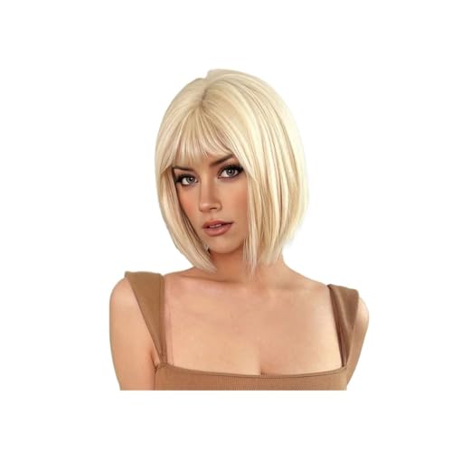 10 Zoll kurze, glatte Bob-Perücke mit Pony for Frauen, synthetische Perücke for Cosplay, Alltag, Halloween Haar Extensions(Blonde) von lskdnrufh