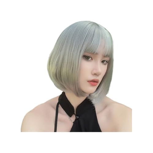 10 Zoll kurze, glatte Bob-Perücke mit Pony for Frauen, synthetische Perücke for Cosplay, Alltag, Halloween Haar Extensions(Silver grey) von lskdnrufh
