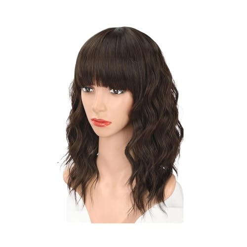 Natürlich braune synthetische lockige gewellte Bob-Perücke mit Pony for Frauen, for Cosplay im täglichen Gebrauch, 14 Zoll Haar Extensions von lskdnrufh