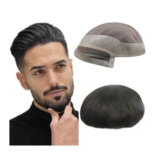 Parrucca uomo 6" Haarersatzsystem for Männer, feines Mono mit Poly-PU-Basis, Herren-Toupet, Echthaarteile, gebrochenes Schwarz, männliche Haarprothese Parrucca(7x9) von lskdnrufh