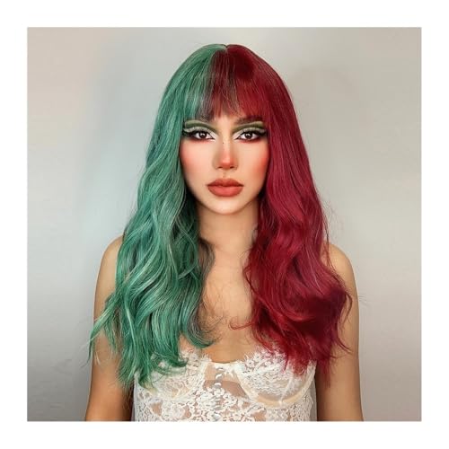 Perücken Grüne und rote lange gewellte Perücken mit Pony, Cosplay, Weihnachten, Halloween, zweifarbiges Omber-Synthetikperücke for Frauen, hitzebeständig Damenperücken von lskdnrufh