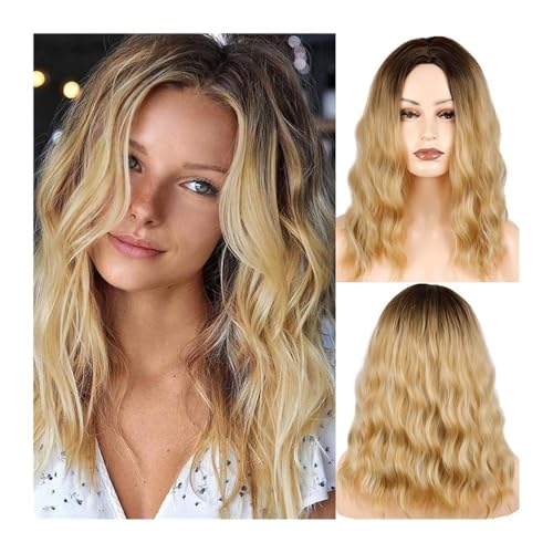Perücken Kurze, lockige, blonde Ombré-Perücke im Bob-Stil for Damen, modische synthetische Perücke mit Mittelscheitel und braunen Wurzeln, mittellang, gewellt, hitzebeständige Faserperücke Damenperück von lskdnrufh