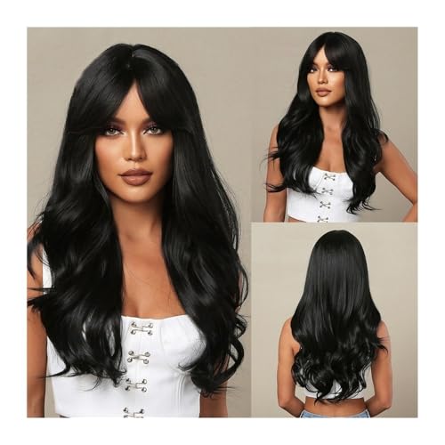 Perücken Lange schwarze Perücke mit Pony, gewellte Kunsthaarperücken for Damen, 71 cm lange, lockige, hitzebeständige Faserperücke mit Pony for das tägliche Cosplay Damenperücken von lskdnrufh