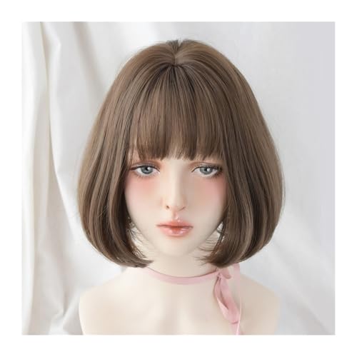 Perücken Leinenfarbener Bob, kurze, glatte Kunsthaarperücke mit Pony, Damen, Lolita, Cosplay, Matilda, natürlich, geschmeidig, Haar-Accessoires for den Alltag Damenperücken von lskdnrufh
