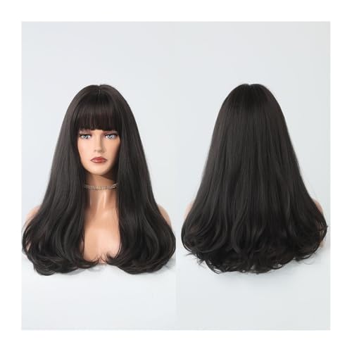 Perücken Perücke mit Pony for Frauen, Kunsthaar, gewellte Perücken, 18 Zoll, Perücke for das tägliche Cosplay und Partys Damenperücken(Black) von lskdnrufh