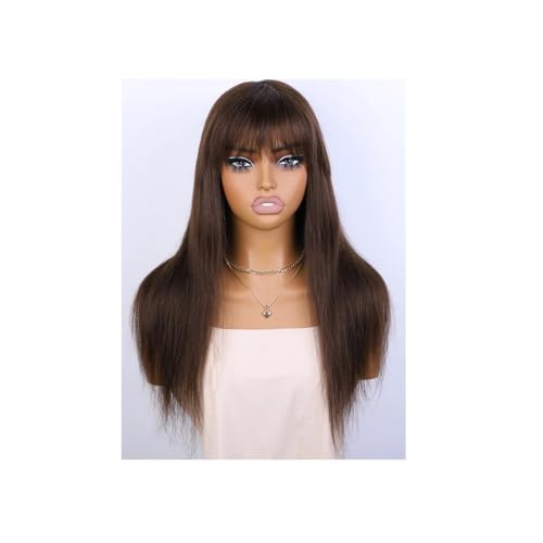 Schokoladenbraune lange glatte Perücke aus 100% Echthaar mit Pony for Frauen aus brasilianischem Remy-Haar, Alltagsperücken Haar Extensions(18inches) von lskdnrufh