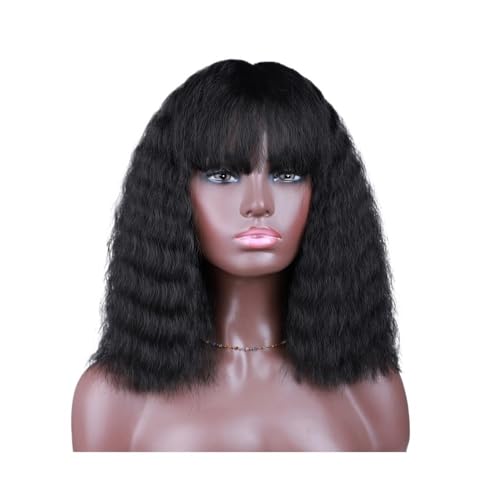 Synthetische 16-Zoll-Perücken, gewellt, lockig, mit Pony, for Frauen Haar Extensions(Black) von lskdnrufh