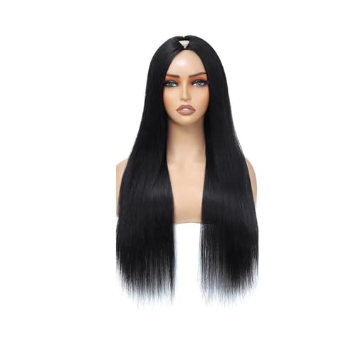 V-Teil-Perücke aus Echthaar for Frauen, anfängerfreundlich, 250 Dichte, keine Spitze, kein Kleber, kein Nähen, natürliches Schwarz Haar Extensions(24inch) von lskdnrufh