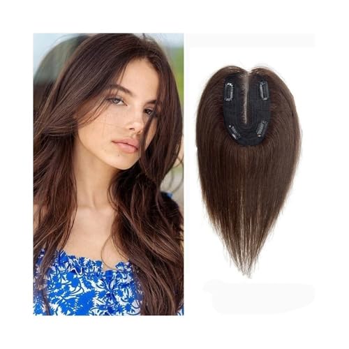 Haarteil Frauen 10-Zoll-Echthaar-Topper mit Pony, 9 x 14 cm, atmungsaktive Schweizer Spitzenbasis, glattes Remy-Haar mit Pony, Clip-in-Echthaar-Topper for Frauen Haar Extensions(Dark brown) von lskdnrufh
